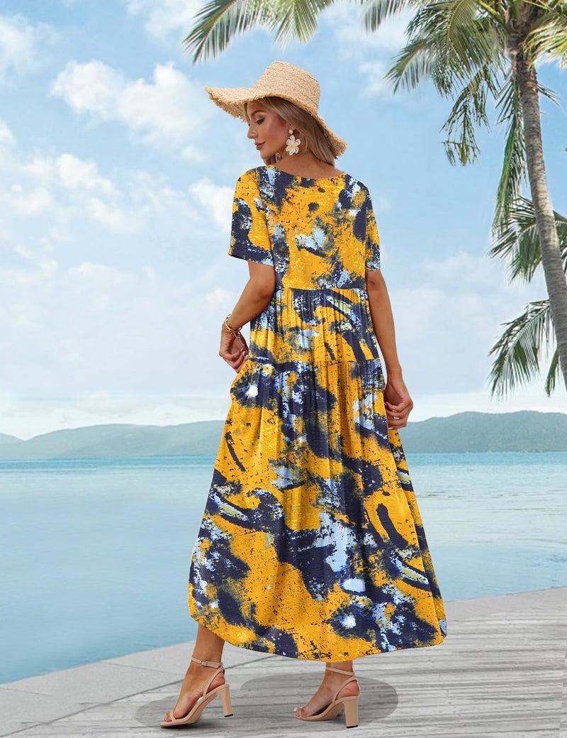 YESNO Women Casual Loose Bohemian Floral Dress with Pockets Short Sleeve Long Maxi Summer Beach Swing Dress L EJF CR141 - Image 4
