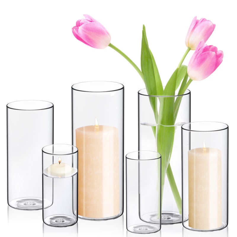 WDHODEC Cylinder Flower Vases 6PCS Hurricane Candle Holders Pillar Votives Floating Candles Holder Clear Glass Vase for Wedding Party Decoration 10 78 6