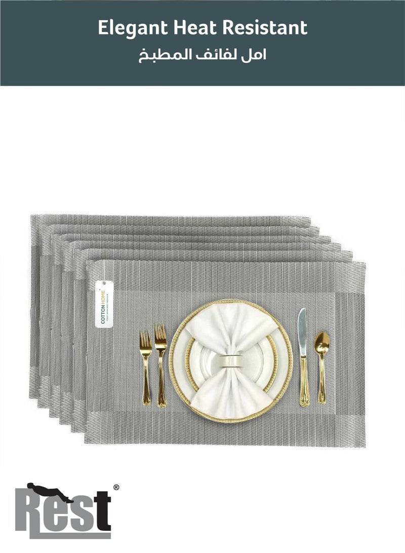 REST Placemats Set of 6 Heat Resistant Place Mats Washable PVC Table Mats Woven Vinyl Plastic Placemats for Dining Table, Non-Slip Stain Resistant Kitchen Table Placemats Easy to Clean Silver - Image 2