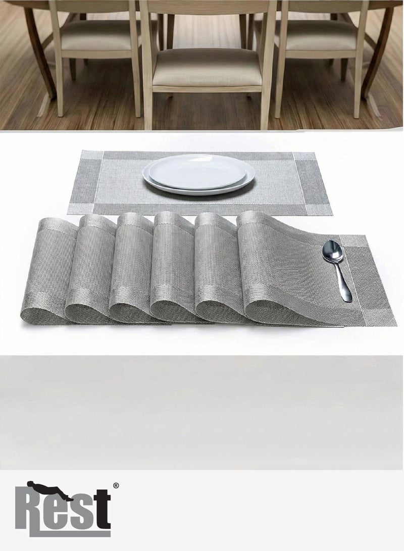 REST Placemats Set of 6 Heat Resistant Place Mats Washable PVC Table Mats Woven Vinyl Plastic Placemats for Dining Table, Non-Slip Stain Resistant Kitchen Table Placemats Easy to Clean Silver - Image 3