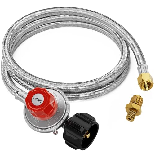 CALPOSE 5FT High Pressure Propane Regulator Hose, 0~20PSI Adjustable Propane Tank Regulator, QCC1 & 3/8” Female, Fit for Turkey Fryer，Fish Fryer，Propane Burner，Fire Pit, Forge, and More, Braided Hose - Image 1
