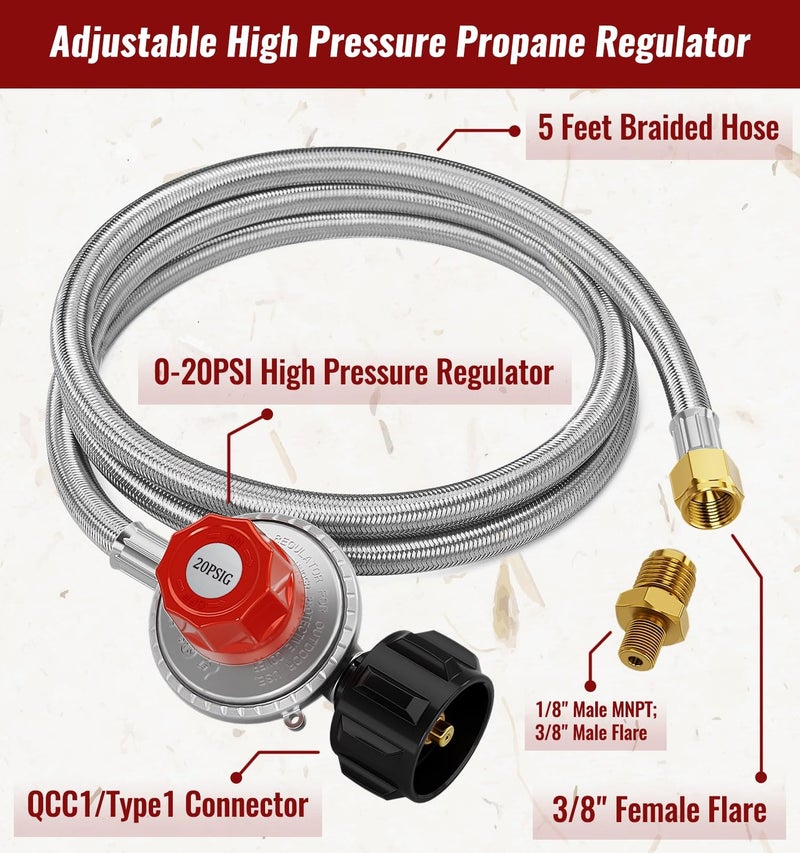 CALPOSE 5FT High Pressure Propane Regulator Hose, 0~20PSI Adjustable Propane Tank Regulator, QCC1 & 3/8” Female, Fit for Turkey Fryer，Fish Fryer，Propane Burner，Fire Pit, Forge, and More, Braided Hose - Image 3