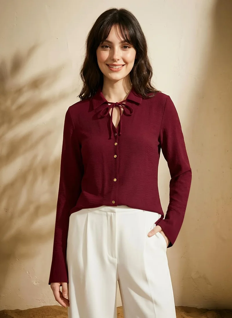 globus Globus Women Maroon Collared V-Neck Tie-Up Detail Cuffed Sleeves Curved Hem Workwear Shirt