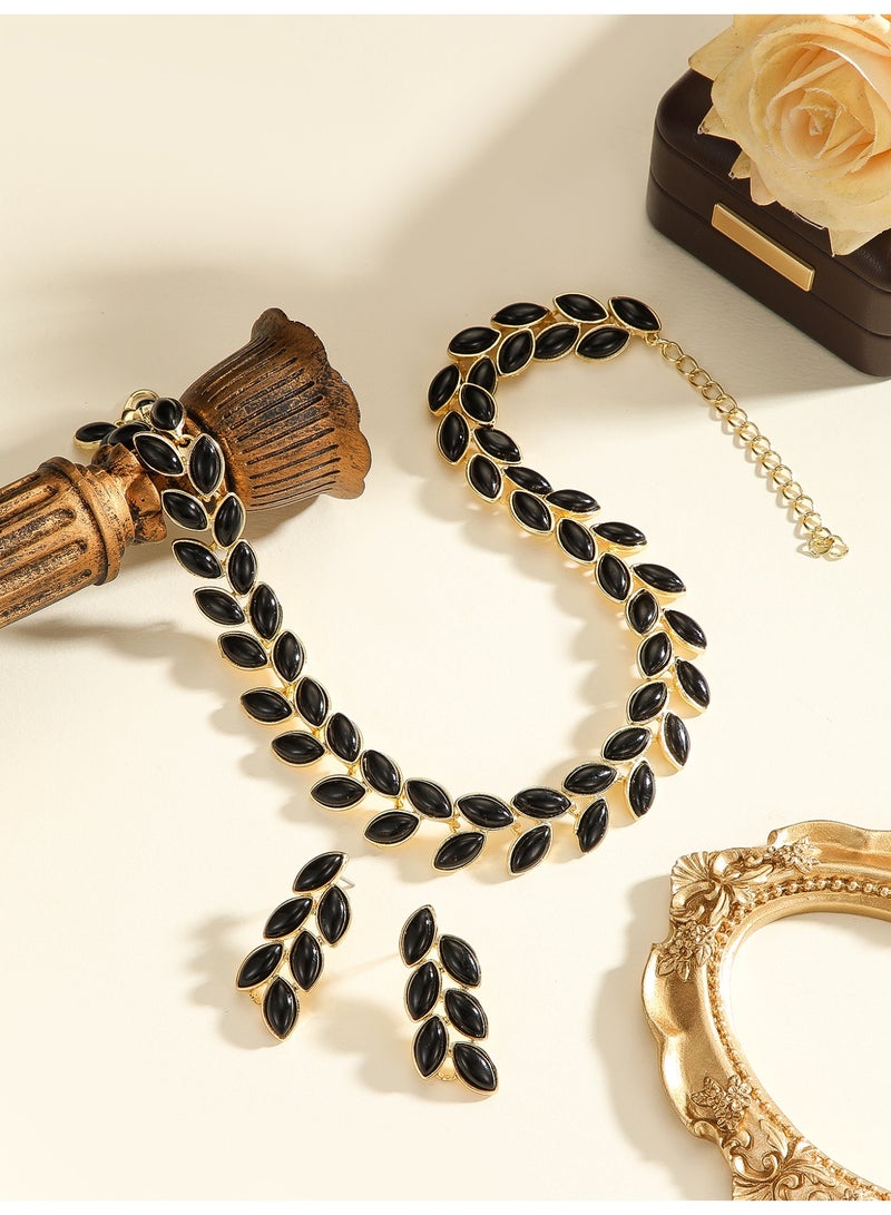 Vintage Gold Tone Black Leaf Necklace & Earrings Jewelry Set - Image 3