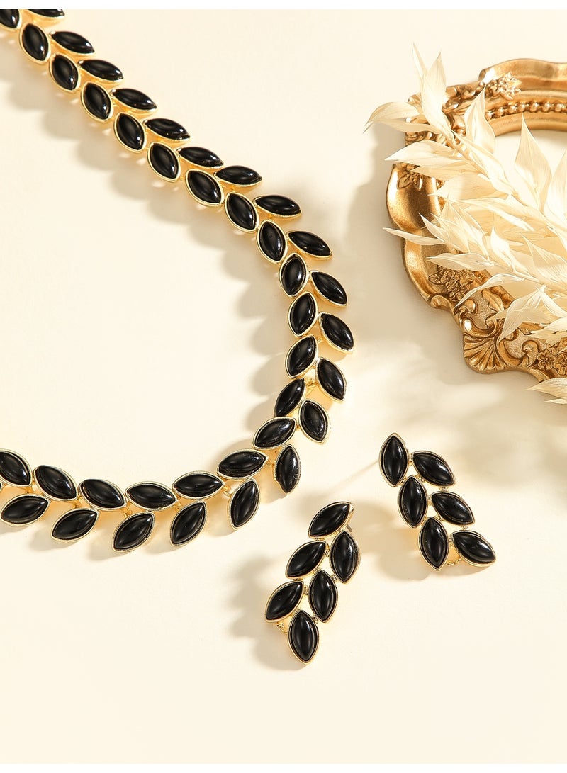 Vintage Gold Tone Black Leaf Necklace & Earrings Jewelry Set - Image 2