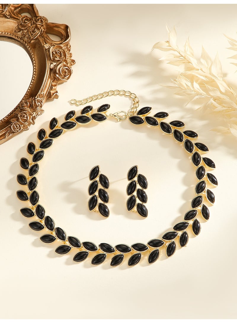 Vintage Gold Tone Black Leaf Necklace & Earrings Jewelry Set - Image 4