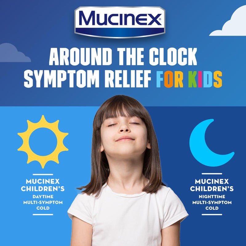 MUCINEX موسينكس للبرد والسعال، سائل متعدد الأعراض للأطفال نهار/ليل، توت لذيذ، 8 أونصة (2x4 أونصة) يخفف من احتقان الأنف والصدر، يخفف ويخفف المخاط، يتحكم في السعال، يقلل من الحمى، يهدئ التهاب الحلق - Image 4