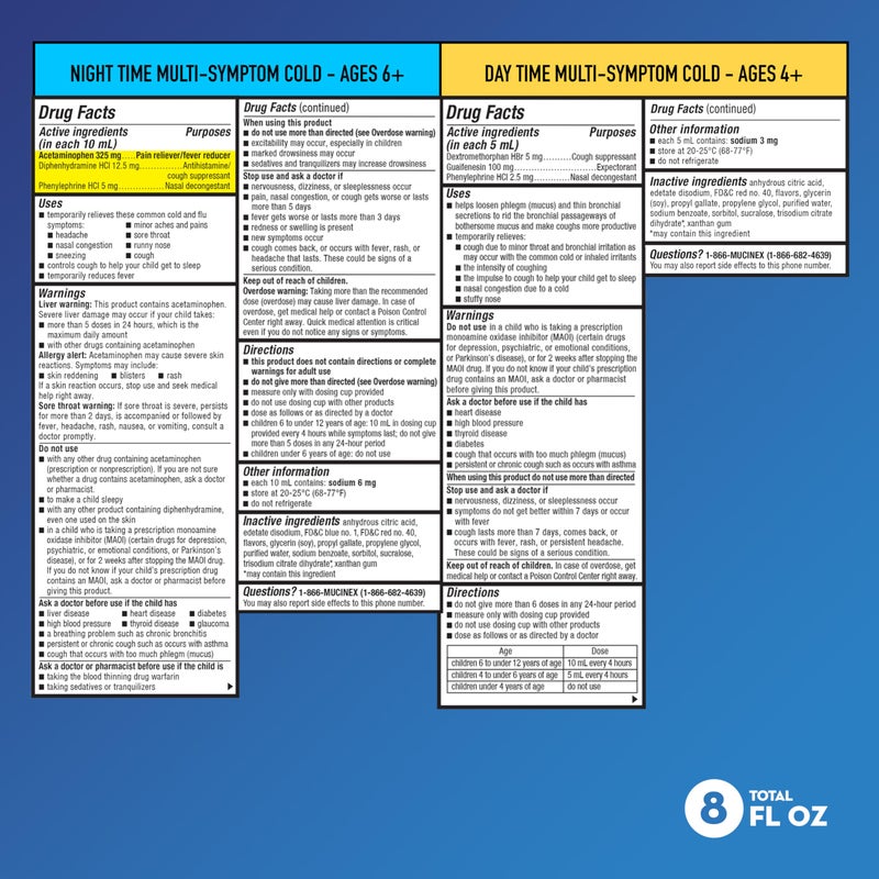 MUCINEX موسينكس للبرد والسعال، سائل متعدد الأعراض للأطفال نهار/ليل، توت لذيذ، 8 أونصة (2x4 أونصة) يخفف من احتقان الأنف والصدر، يخفف ويخفف المخاط، يتحكم في السعال، يقلل من الحمى، يهدئ التهاب الحلق - Image 2