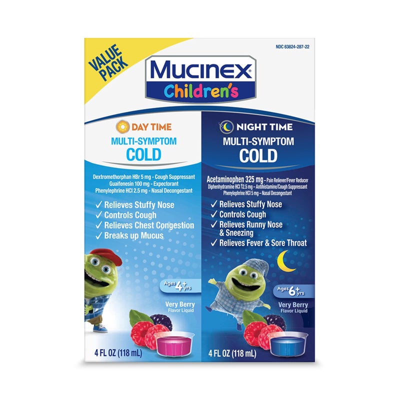 MUCINEX موسينكس للبرد والسعال، سائل متعدد الأعراض للأطفال نهار/ليل، توت لذيذ، 8 أونصة (2x4 أونصة) يخفف من احتقان الأنف والصدر، يخفف ويخفف المخاط، يتحكم في السعال، يقلل من الحمى، يهدئ التهاب الحلق - Image 1