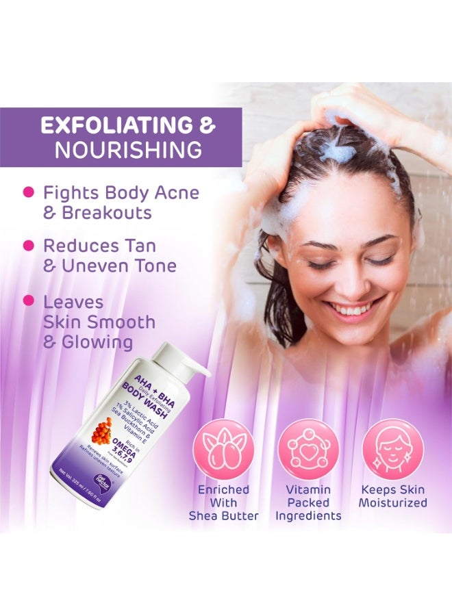 Get Nectar Happiness AHA-BHA Body Wash | 4% Actives (3% Lactic Acid + 1% Salicylic Acid) | Omega 3,6,7,9 | Exfoliating Body Wash for Tan, Body Acne & Smooth Glowing Skin | Sulfate & Paraben Free | For Men & Women | 225ml - Image 3