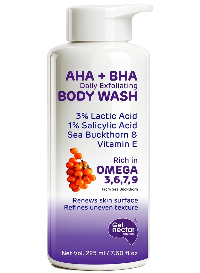 Get Nectar Happiness AHA-BHA Body Wash | 4% Actives (3% Lactic Acid + 1% Salicylic Acid) | Omega 3,6,7,9 | Exfoliating Body Wash for Tan, Body Acne & Smooth Glowing Skin | Sulfate & Paraben Free | For Men & Women | 225ml - Image 1