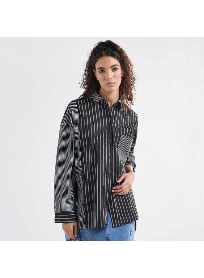 Splash FAV Relaxed Fit Striped Collared Shirt with Chest Pocket and Long Sleeves  - Image 1