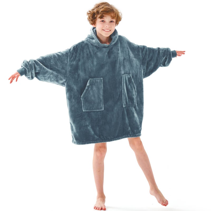 Aemicion Wearable Blanket Hoodie for Kids Super Soft Warm Oversized Hooded Blanket Sweatshirt Hoodie Blanket for Boys Girls Blue Grey - Image 2