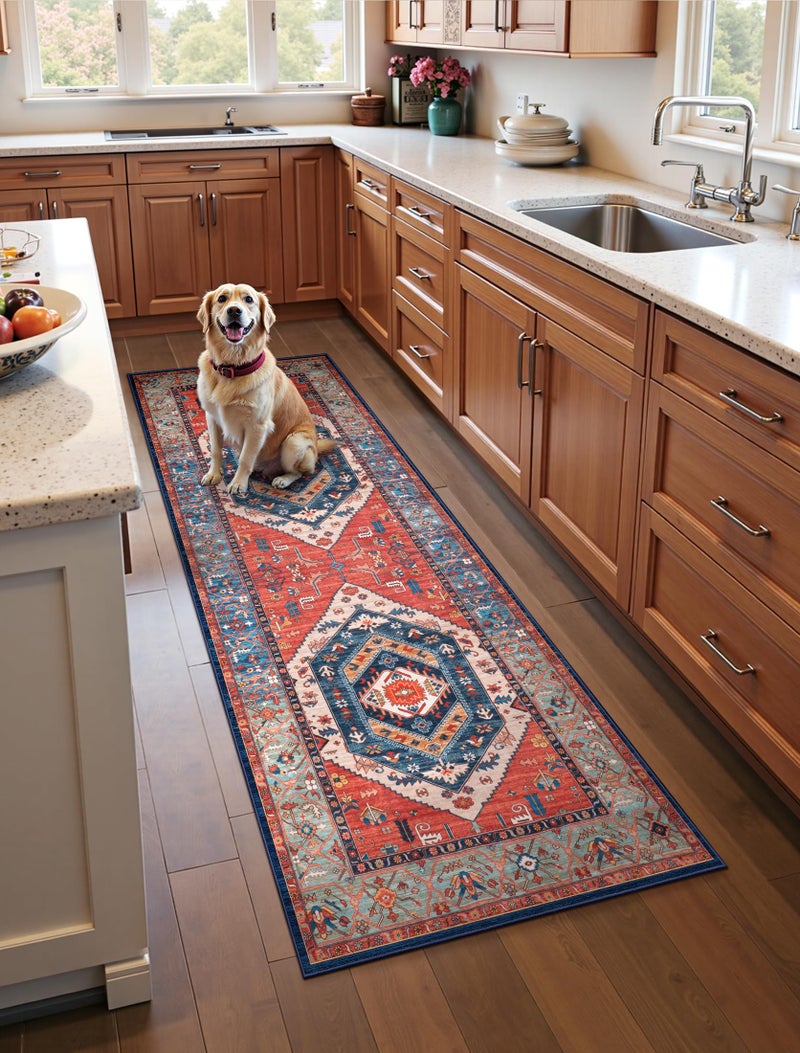 SERISSA Boho Washable Runner Rug, 2x6 Rug Runner Non-Slip Vintage Rust Hallway Kitchen Runner Rug Ultra Soft Print Distressed Tribal Floor Carpet Runner for Bedroom Bathroom Laundry Living Room - Image 1