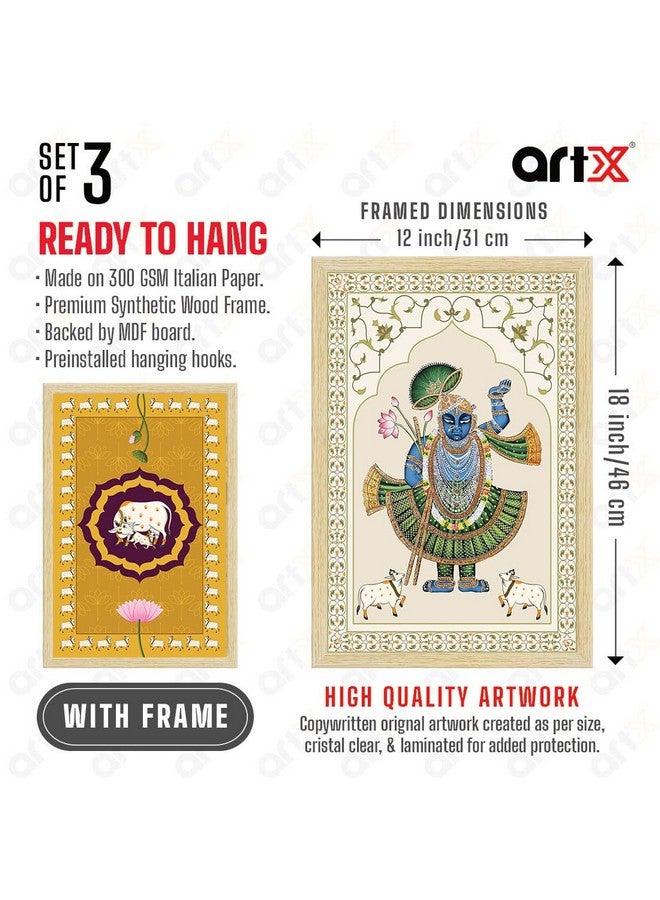 ArtX لوحة فنية مؤطرة من ورق ArtX تصور بقرة مع عجل من ناثدوارا بيشواي شري ناث جي لغرفة النوم، لوحة جدارية لغرفة المعيشة، 12.0 × 18.0 بوصة لكل واحدة، متعددة الألوان، مجموعة من 3 - Image 2