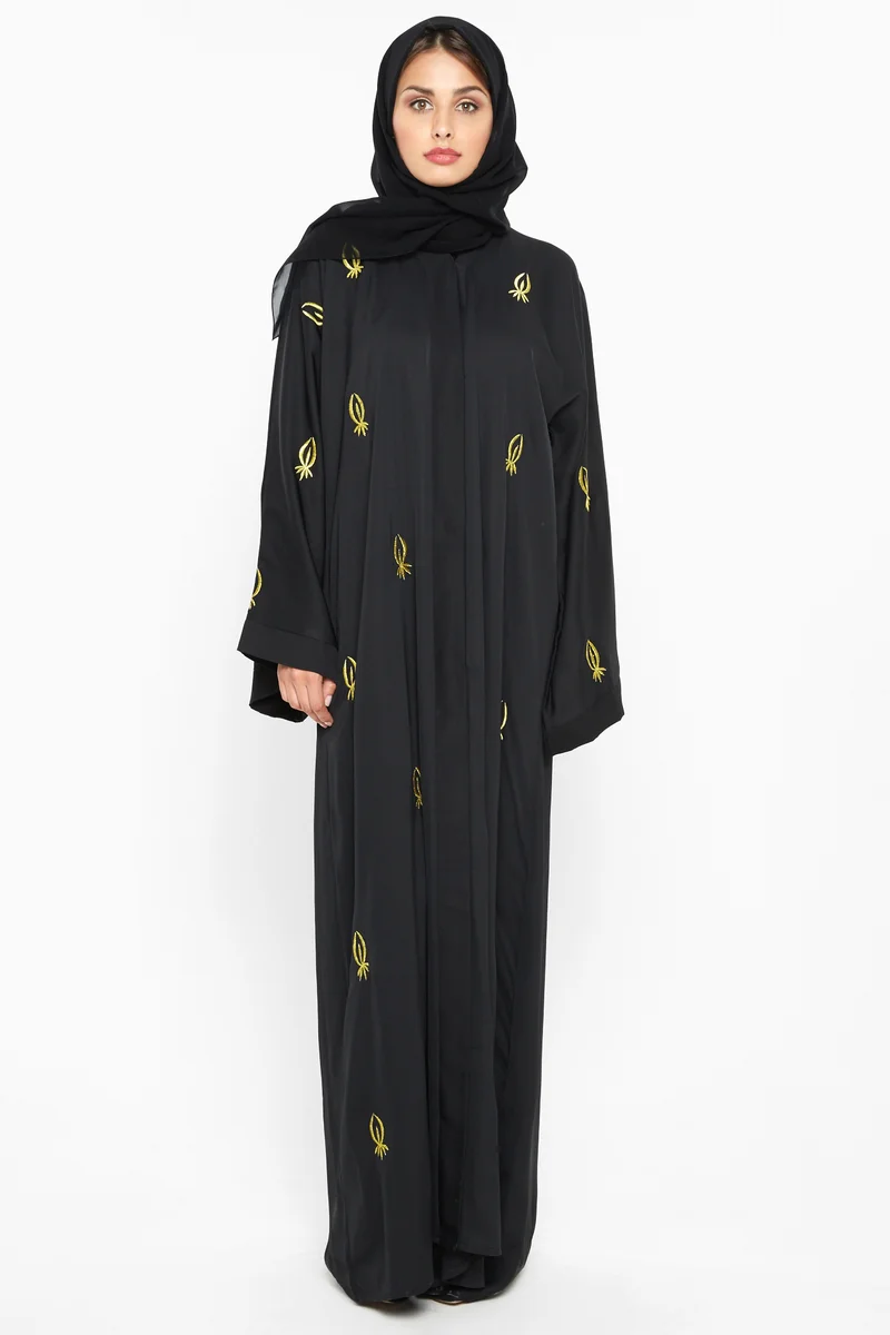 النخبة A simple abaya with scattered golden leafy embroidery-AJ563A