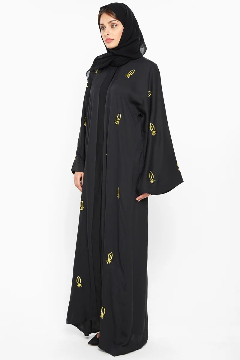 النخبة A simple abaya with scattered golden leafy embroidery-AJ563A