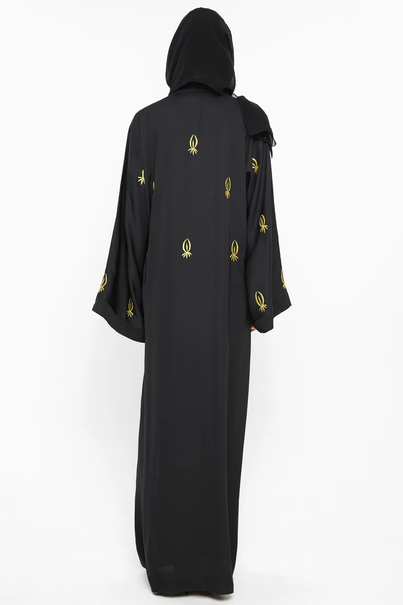 NUKHBAA A simple abaya with scattered golden leafy embroidery-AJ563A