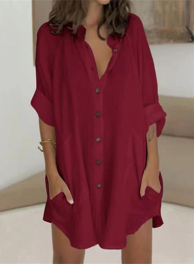 Loquat Casual Loose Single Breasted Shirt Dress Red