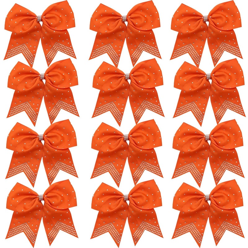Hipcheer 12PCS 8 Rhinestones Large Cheer Hair Bows for Girls Handmade Grosgrain Ribbon Hair Accessories for Teen Girls Softball Cheerleader Sport Orange