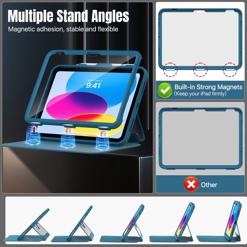 MoKo for iPad 11-inch (A16) 11th Generation Case 2025/ iPad 10th Generation Case with Pencil Holder 2022 10.9 inch, Built-in Screen Protector Clear Back, Multi Angle Viewing Stand, KBW Peacock Blue - Image 4