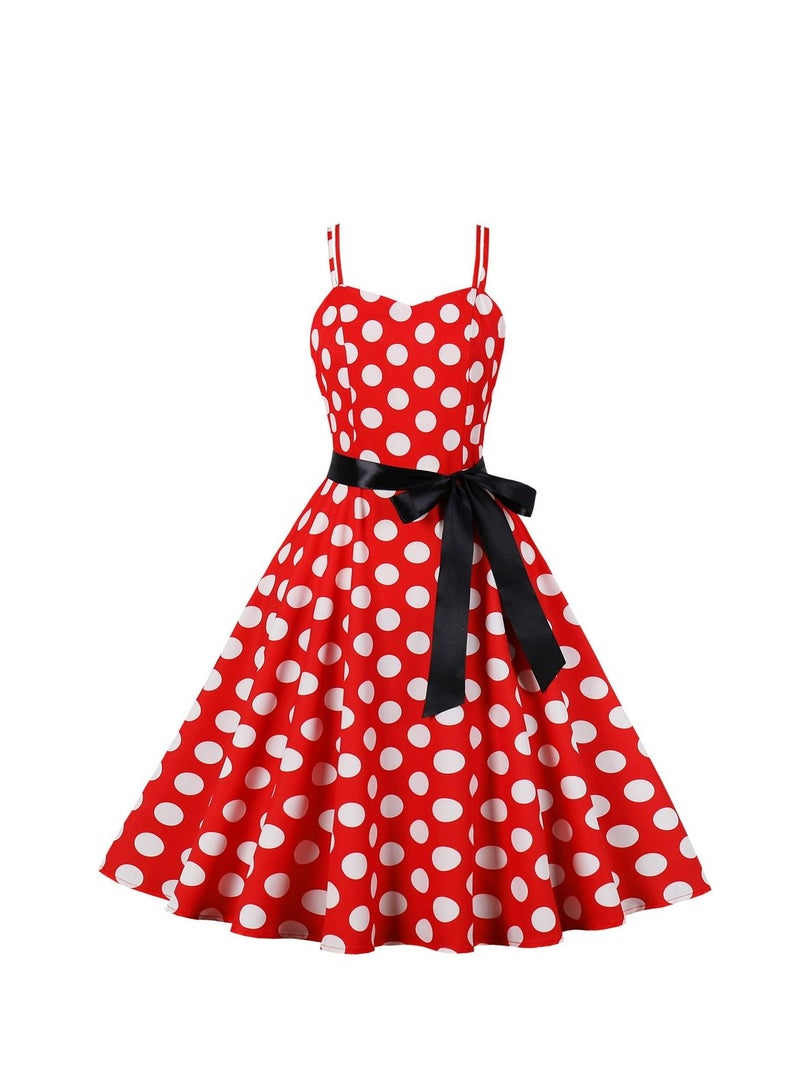 Loquat Vintage Large Hem Lace Up Polka Dot Printed Strap Red  - Image 1