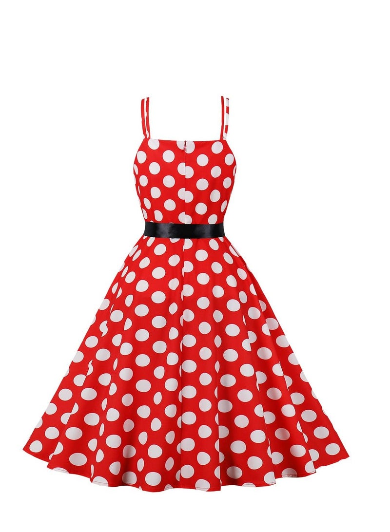 Loquat Vintage Large Hem Lace Up Polka Dot Printed Strap Red  - Image 2