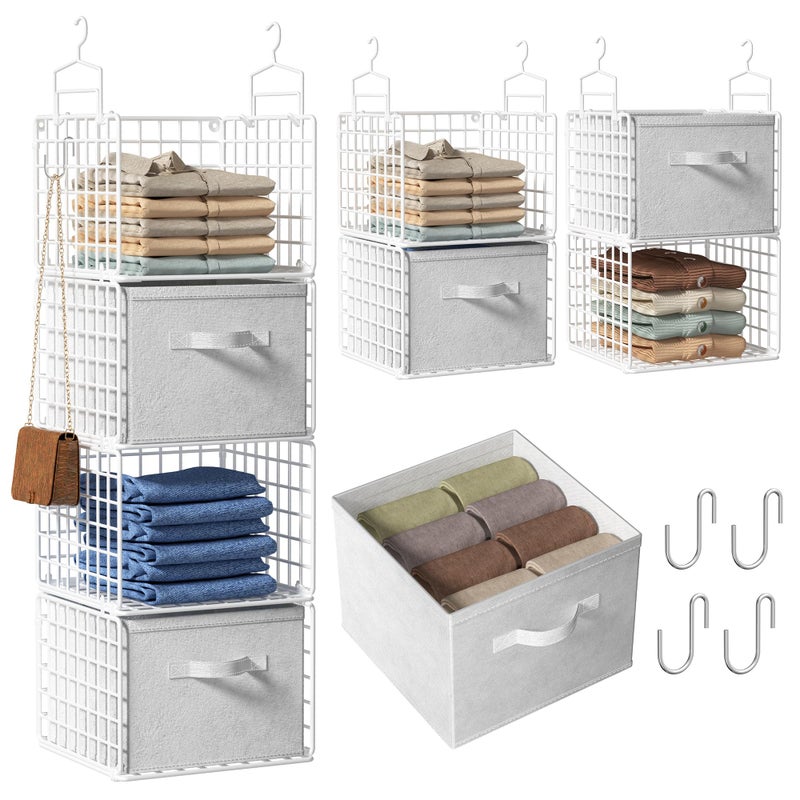 Orapoke Hanging Closet Organizer with Drawers, 4 Tier Metal Closet Organizers and Storage with 4 Hanging Hooks 4 S-Hooks for Wardrobe Laundry Room, Wire Storage Shelf for Clothes Sweaters Pants (White) - Image 1