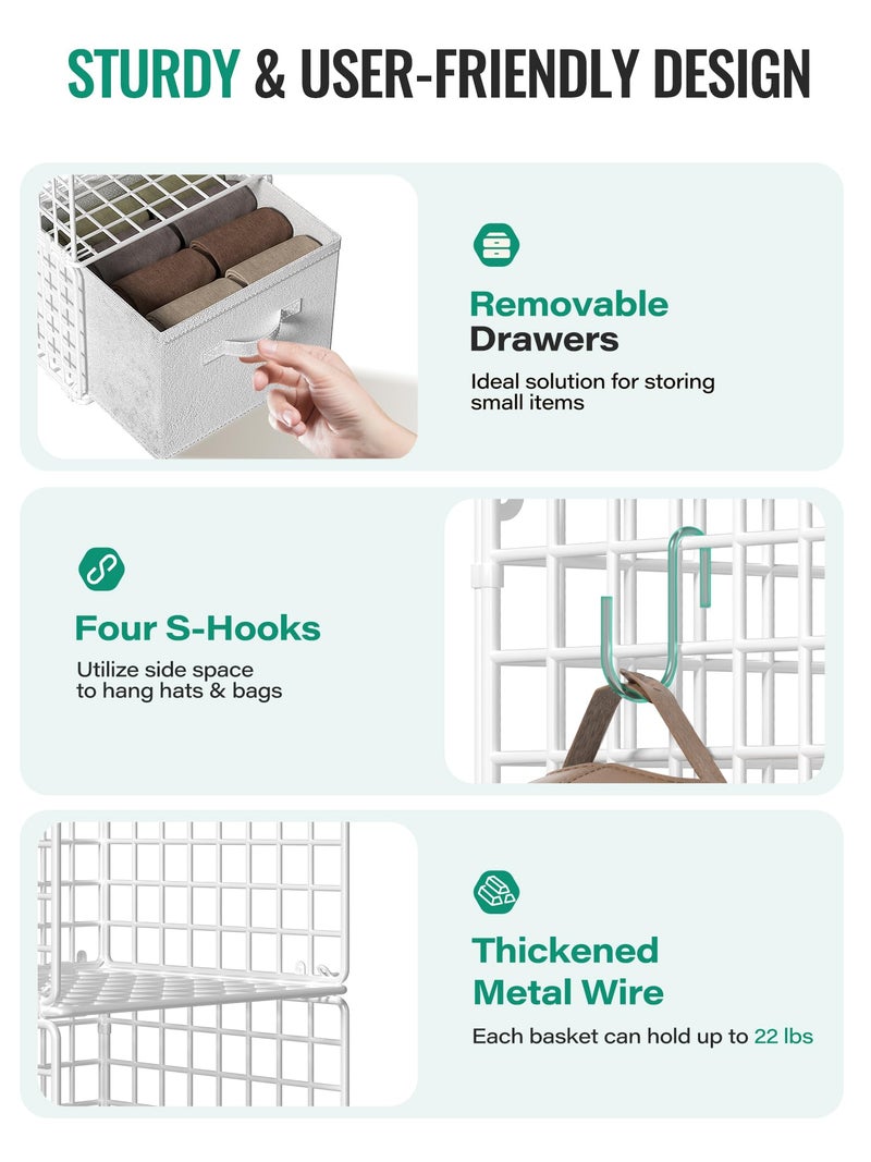 Orapoke Hanging Closet Organizer with Drawers, 4 Tier Metal Closet Organizers and Storage with 4 Hanging Hooks 4 S-Hooks for Wardrobe Laundry Room, Wire Storage Shelf for Clothes Sweaters Pants (White) - Image 3