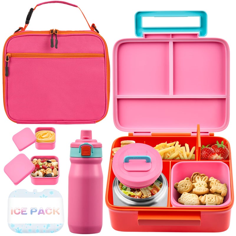 JXXM Bento Lunch Box for Kids with Thermos, Leakproof Bento Box with 8oz Insulated Food Jar, Insulated Bottle, Lunch Bag, BPA Free Dishwasher Safe 4 Compartment Container for School Girls Boys (Pink) - Image 1