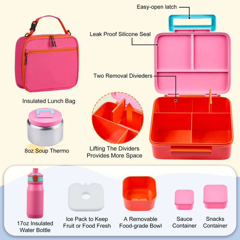 JXXM Bento Lunch Box for Kids with Thermos, Leakproof Bento Box with 8oz Insulated Food Jar, Insulated Bottle, Lunch Bag, BPA Free Dishwasher Safe 4 Compartment Container for School Girls Boys (Pink) - Image 3