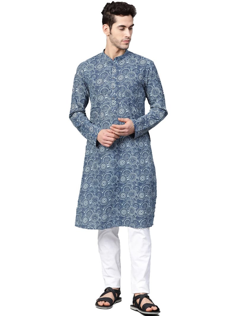 See Designs Mens Kurta |Blue & White Cotton Printed Kurta Set | SDKT88601M - Image 1