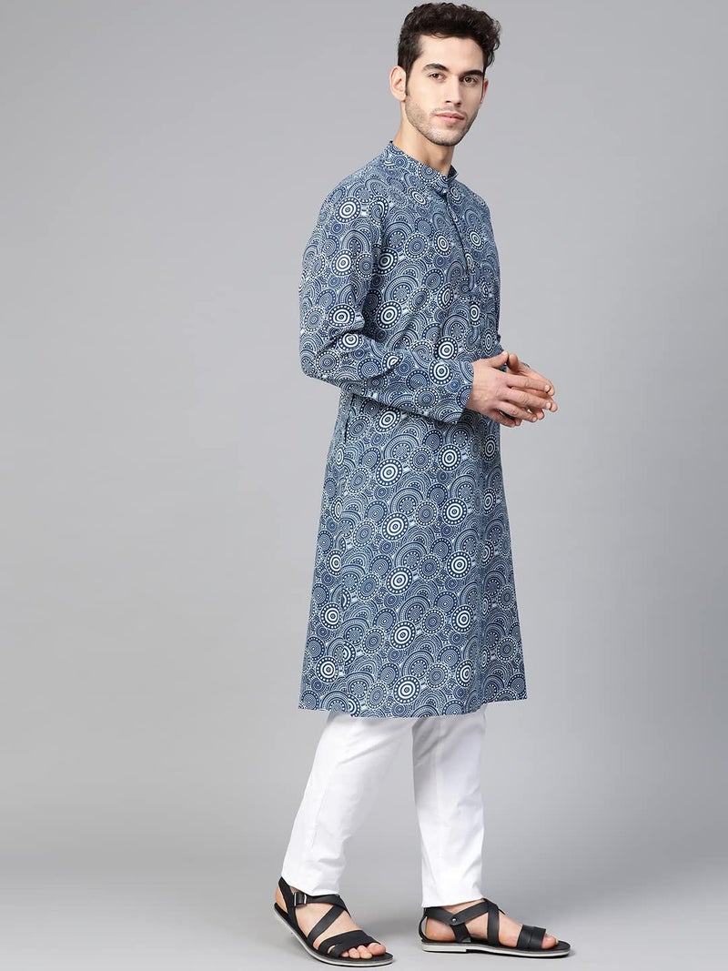 See Designs Mens Kurta |Blue & White Cotton Printed Kurta Set | SDKT88601M - Image 5