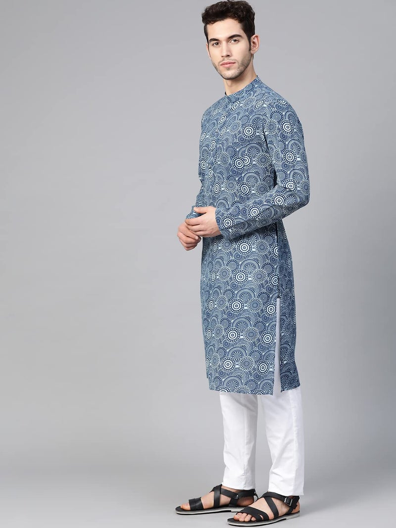See Designs Mens Kurta |Blue & White Cotton Printed Kurta Set | SDKT88601M - Image 4