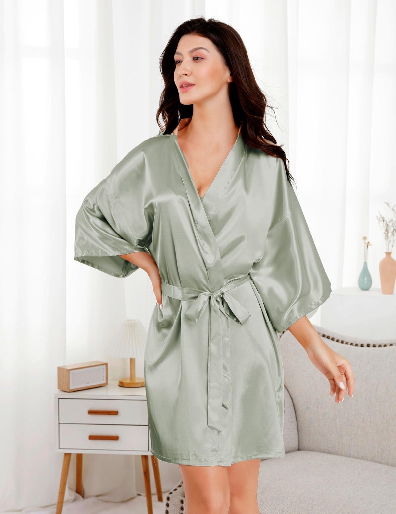 EPLAZA Women's One Size Silver Rhinestones Bride Bridesmaid Short Satin Robes for Wedding Party Getting Ready (Grass Green, Bridesmaid) - Image 3