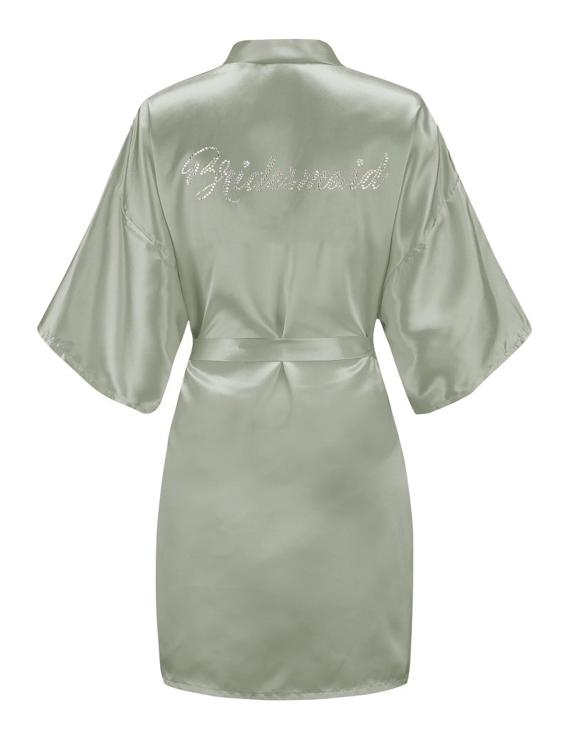 EPLAZA Women's One Size Silver Rhinestones Bride Bridesmaid Short Satin Robes for Wedding Party Getting Ready (Grass Green, Bridesmaid) - Image 1