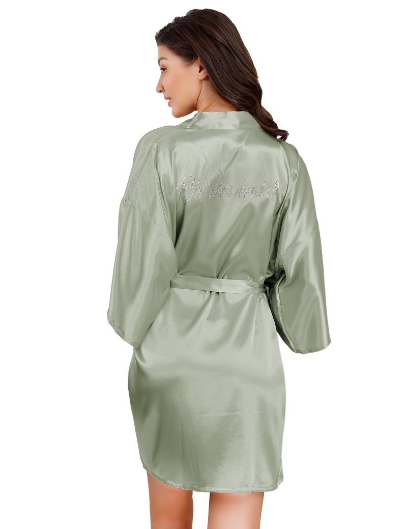 EPLAZA Women's One Size Silver Rhinestones Bride Bridesmaid Short Satin Robes for Wedding Party Getting Ready (Grass Green, Bridesmaid) - Image 2
