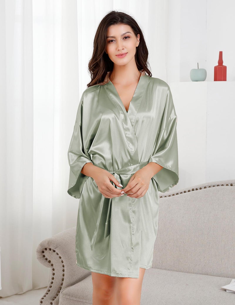 EPLAZA Women's One Size Silver Rhinestones Bride Bridesmaid Short Satin Robes for Wedding Party Getting Ready (Grass Green, Bridesmaid) - Image 5