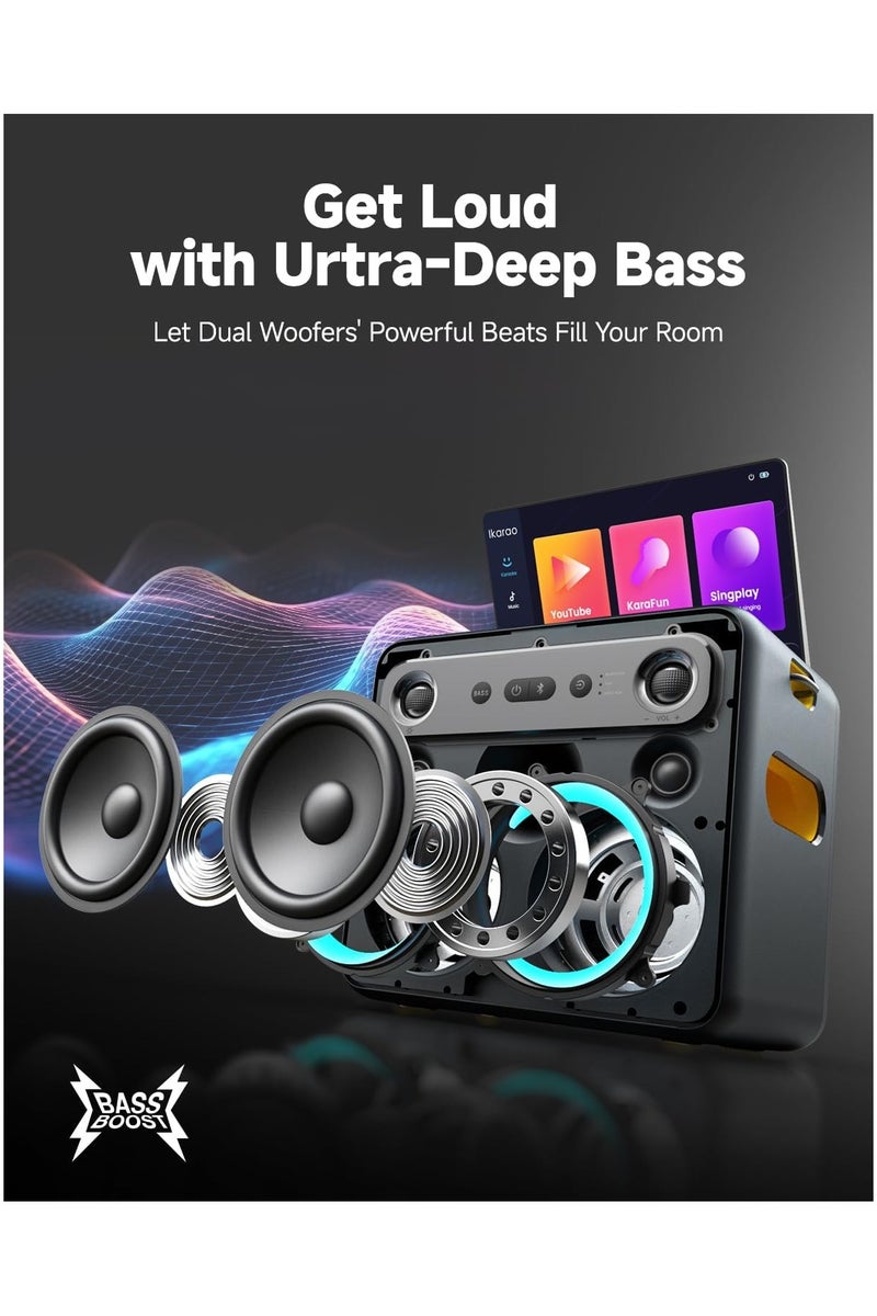 إكراه  جهاز كاريوكي ذكي Ikarao Break X2 للبالغين - مع شاشة لعرض كلمات الأغاني، وجهاز لوحي كاريوكي بسعة 64 جيجابايت، وميكروفونان لاسلكيان، ونظام كاريوكي احترافي، وطاقة قصوى 600 واط، و4 مصابيح دي جي، ومكبر صوت كاريوكي لأي مناسبة - Image 5