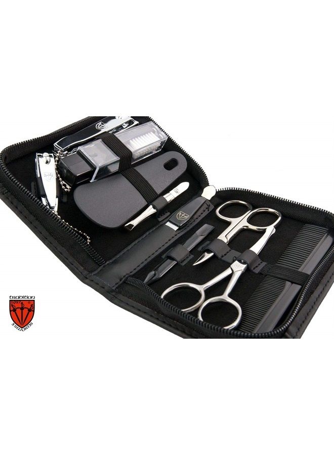 3 Swords Germany – brand quality 10 piece manicure pedicure grooming kit set for nail care tweezers file clipper, Made by 3 Swords (BLACK - GENUINE LEATHER) - Image 2