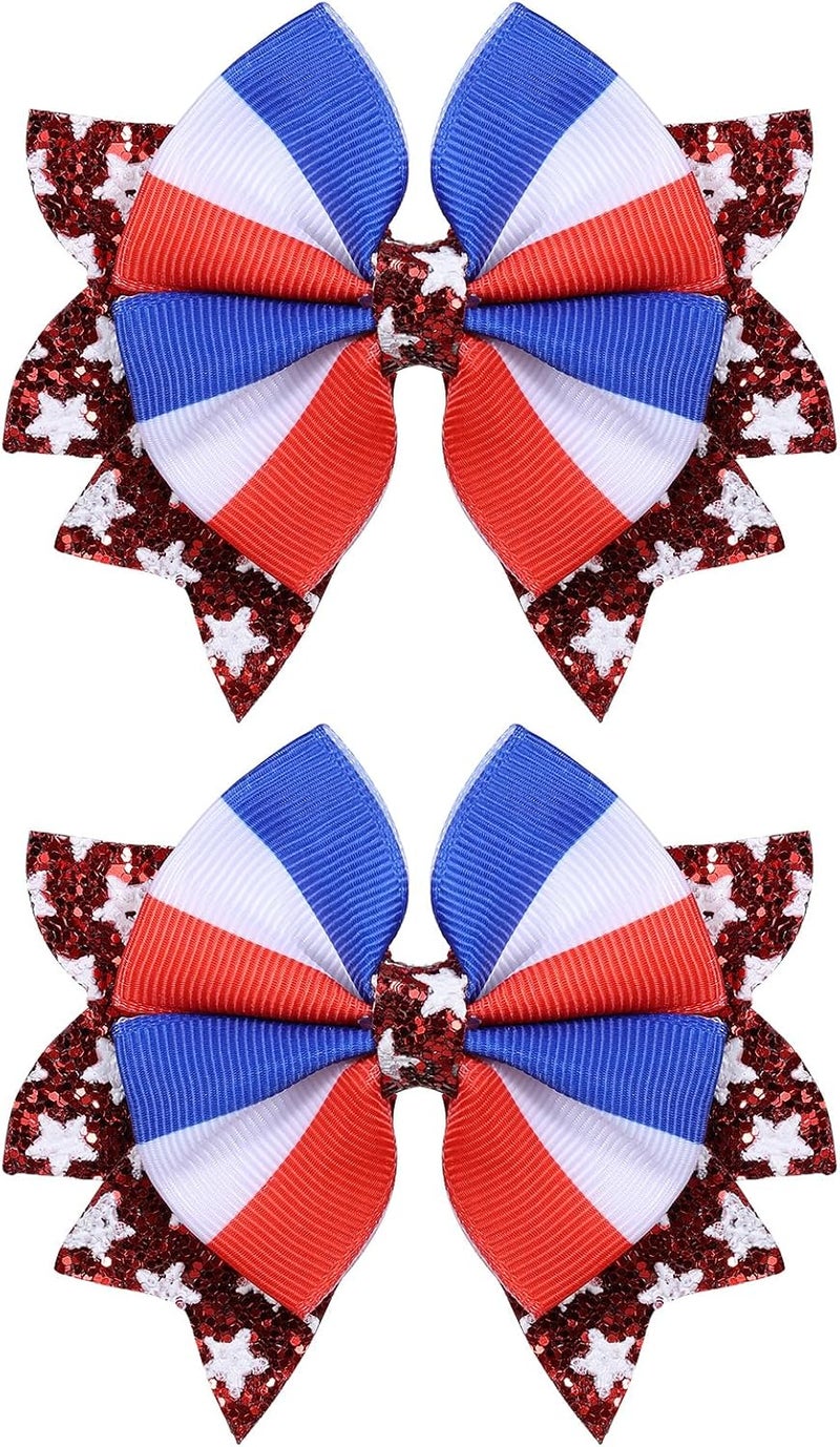 KCHIES July 4th Gift 3.5" Glitter Patriotic Hair Bow Clips for Girls Red White Blue Star Ribbon Cheer Barrettes Alligator Hairpins Kids Independence Memorial Day Dress Decor Accessory - Image 1