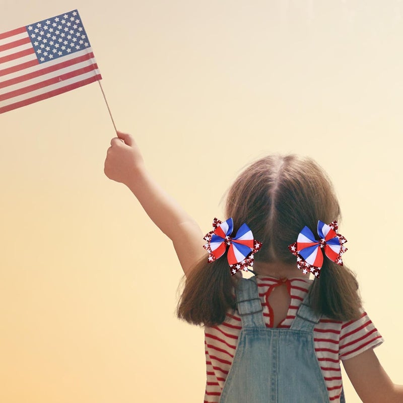 KCHIES July 4th Gift 3.5" Glitter Patriotic Hair Bow Clips for Girls Red White Blue Star Ribbon Cheer Barrettes Alligator Hairpins Kids Independence Memorial Day Dress Decor Accessory - Image 5