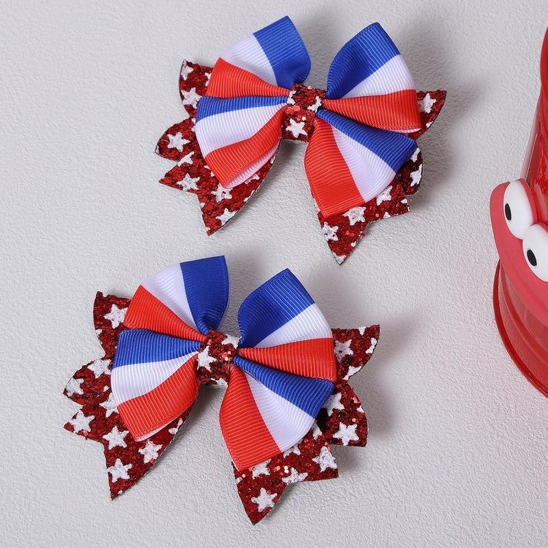 KCHIES July 4th Gift 3.5" Glitter Patriotic Hair Bow Clips for Girls Red White Blue Star Ribbon Cheer Barrettes Alligator Hairpins Kids Independence Memorial Day Dress Decor Accessory - Image 2