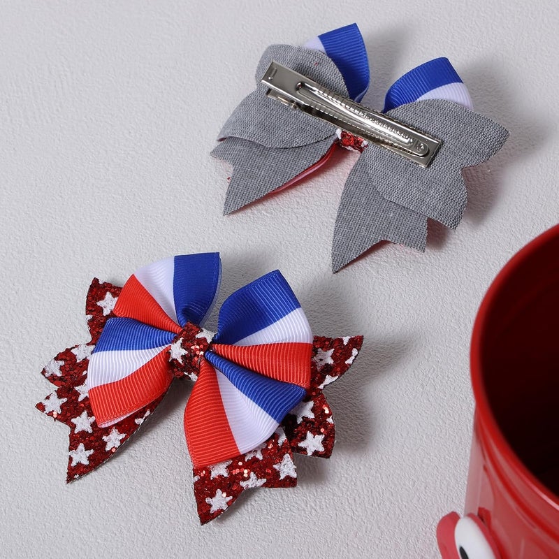 KCHIES July 4th Gift 3.5" Glitter Patriotic Hair Bow Clips for Girls Red White Blue Star Ribbon Cheer Barrettes Alligator Hairpins Kids Independence Memorial Day Dress Decor Accessory - Image 3