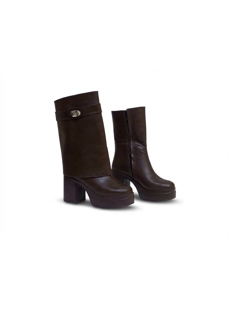 لايف ستيلاش  بوت طويل بكعب من الجلد انيق  LB-49 - بني - Image 3