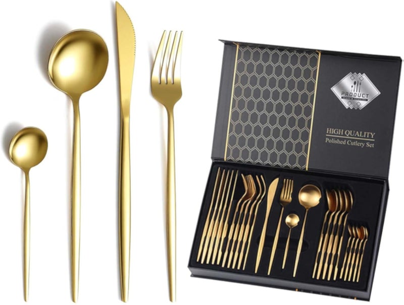 Swift 24-Piece Gold Silverware Cutlery Set | Stainless Steel Flatware for 6 | Gold Spoons and Forks | Mirror Polished Cutlery for Home, Kitchen, Restaurant, Wedding | Dishwasher Safe
