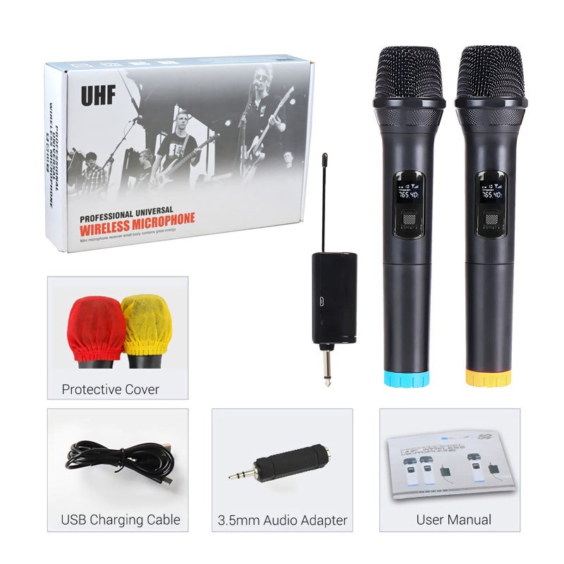 ميكروفون كاريوكي لاسلكي UHF ثنائي القناة ديناميكي بدون سلك، نطاق إرسال 50 متر، عمر بطارية 10 ساعات - صوت ديناميكي نقي مع محول من 6.35 ملم إلى 3.5 ملم للكاريوكي والعروض التقديمية وحفلات الزفاف والاستخدام الداخلي والخارجي - Image 5