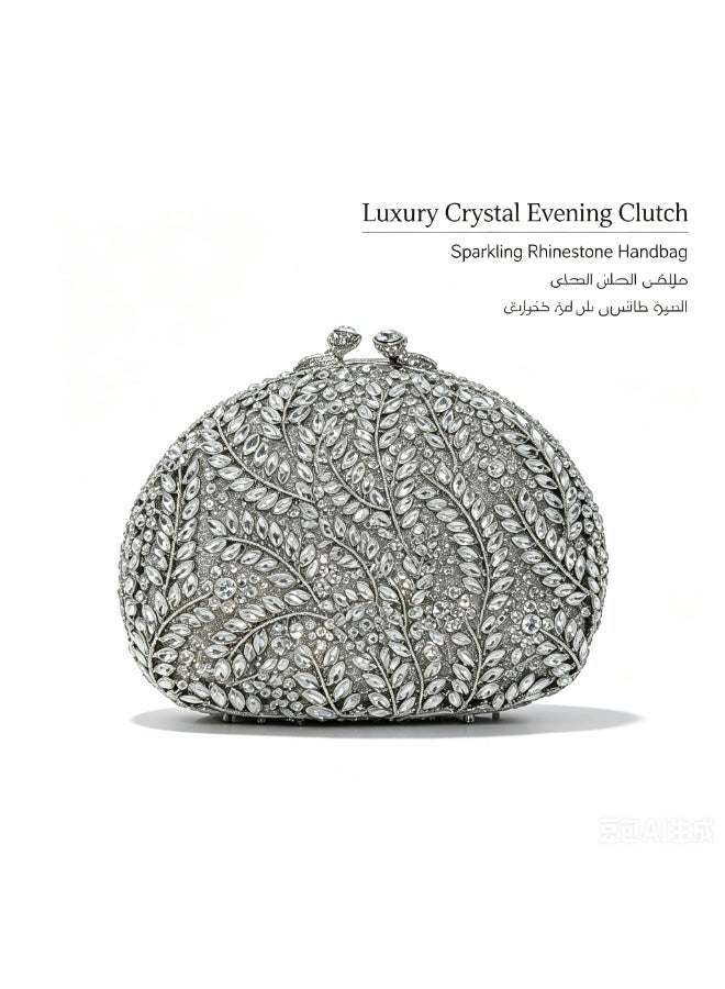 Luxury Leaf Rhinestone Evening Clutch Bag, Sparkly Crystal Formal Wedding Party Handbag with Detachable Shoulder Chain - Image 1