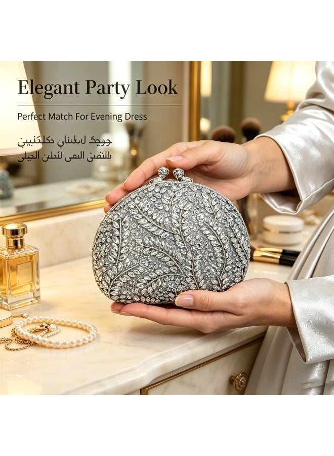 Luxury Leaf Rhinestone Evening Clutch Bag, Sparkly Crystal Formal Wedding Party Handbag with Detachable Shoulder Chain - Image 2