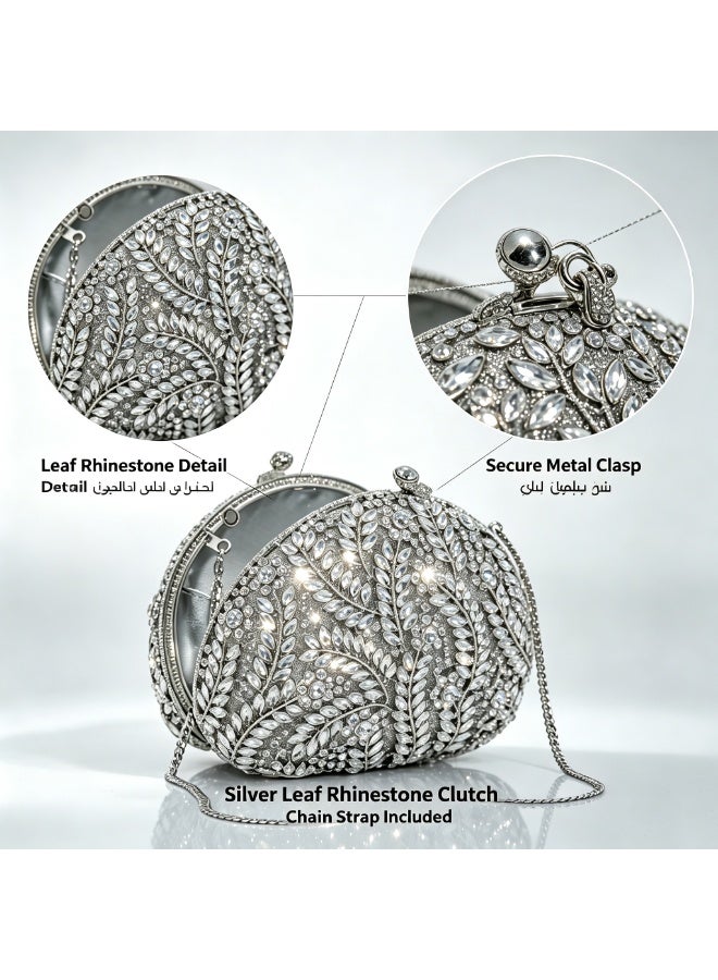 Luxury Leaf Rhinestone Evening Clutch Bag, Sparkly Crystal Formal Wedding Party Handbag with Detachable Shoulder Chain - Image 5